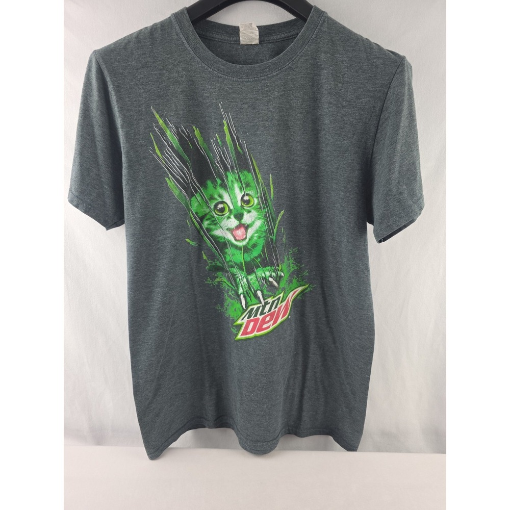 Mountain Dew T-Shirt Mens Size M Gray Green Cat Graphic Short Sleeve Soda Promo